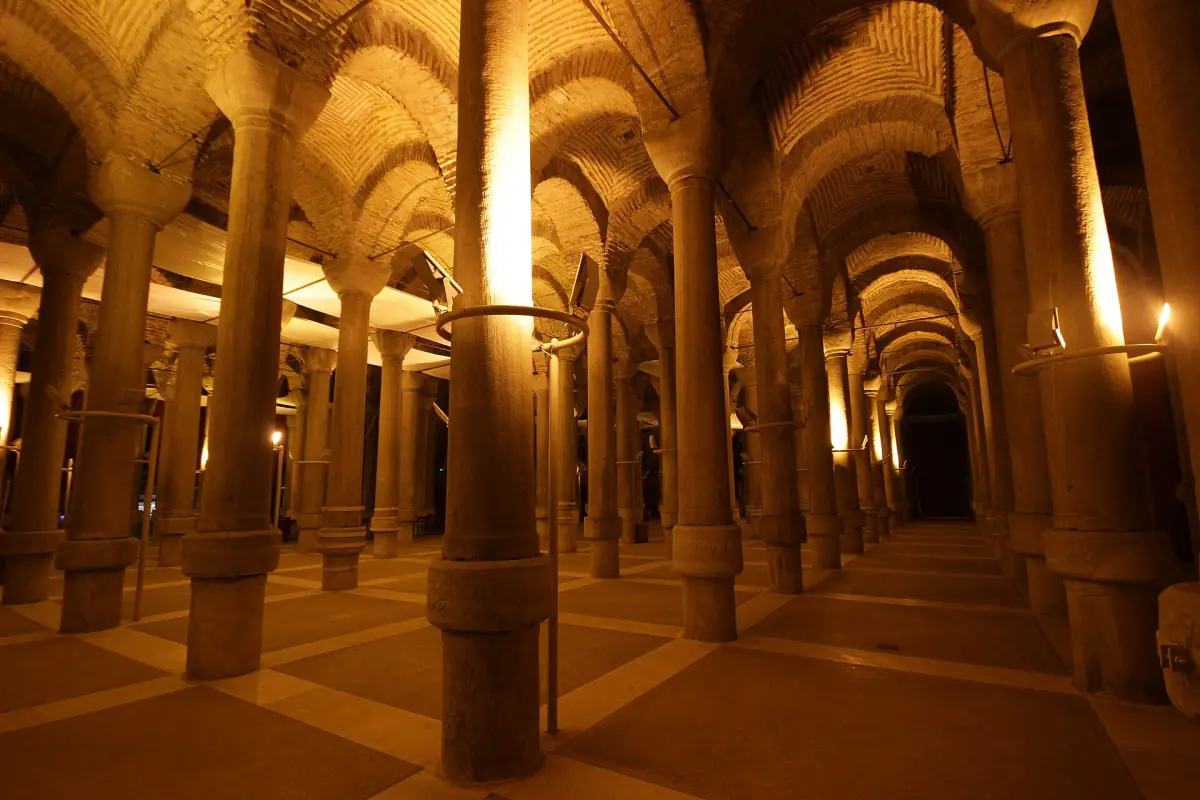 Lit columns in the Basilica Cistern