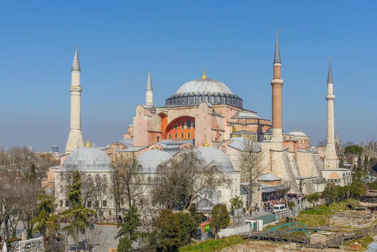 Hagia Sophia with its dome and four minarets in Istanbul